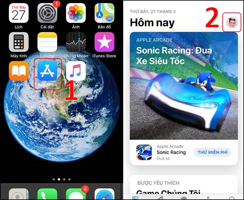 Chọn App Store > Chọn biểu tượng icon avatar như hình minh họa